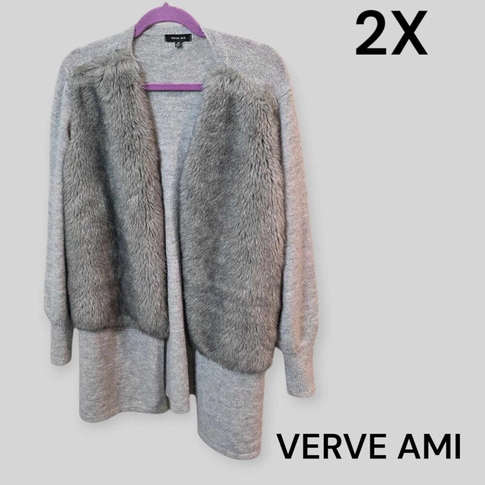 Verve Ami Womens Faux Fur Open Cardigan Casual Gray Sweater Long Sleeve Plus 2X